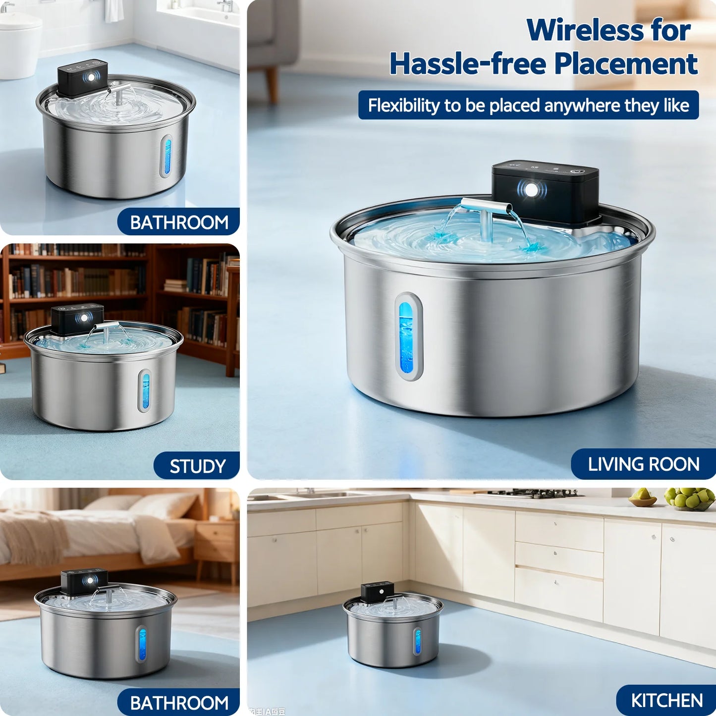 Stainless Steel Cat Water Fountain 3.2L Wireless