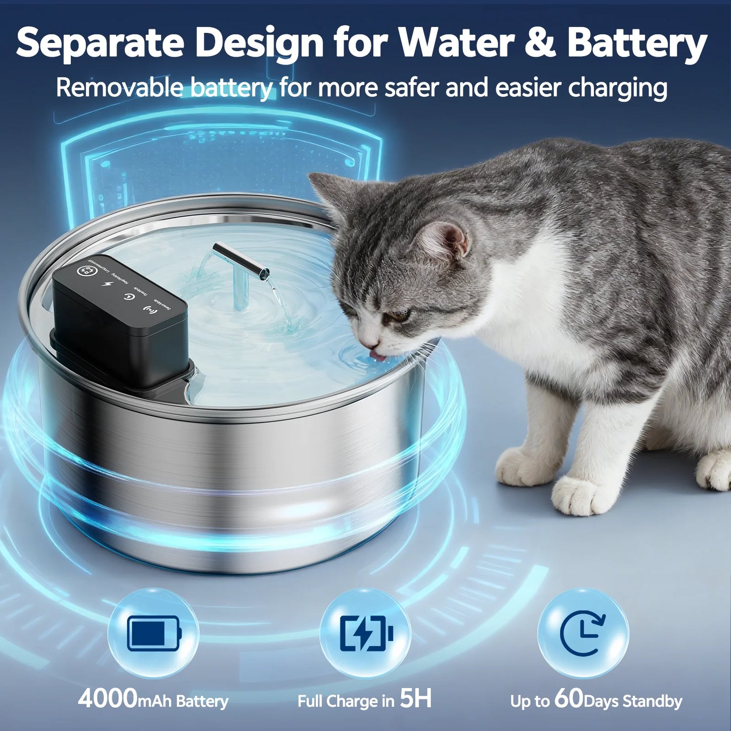 Stainless Steel Cat Water Fountain 3.2L Wireless