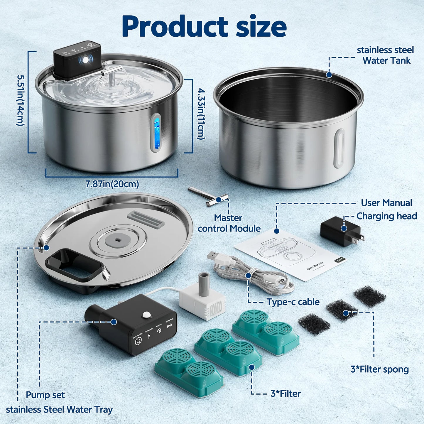 Stainless Steel Cat Water Fountain 3.2L Wireless