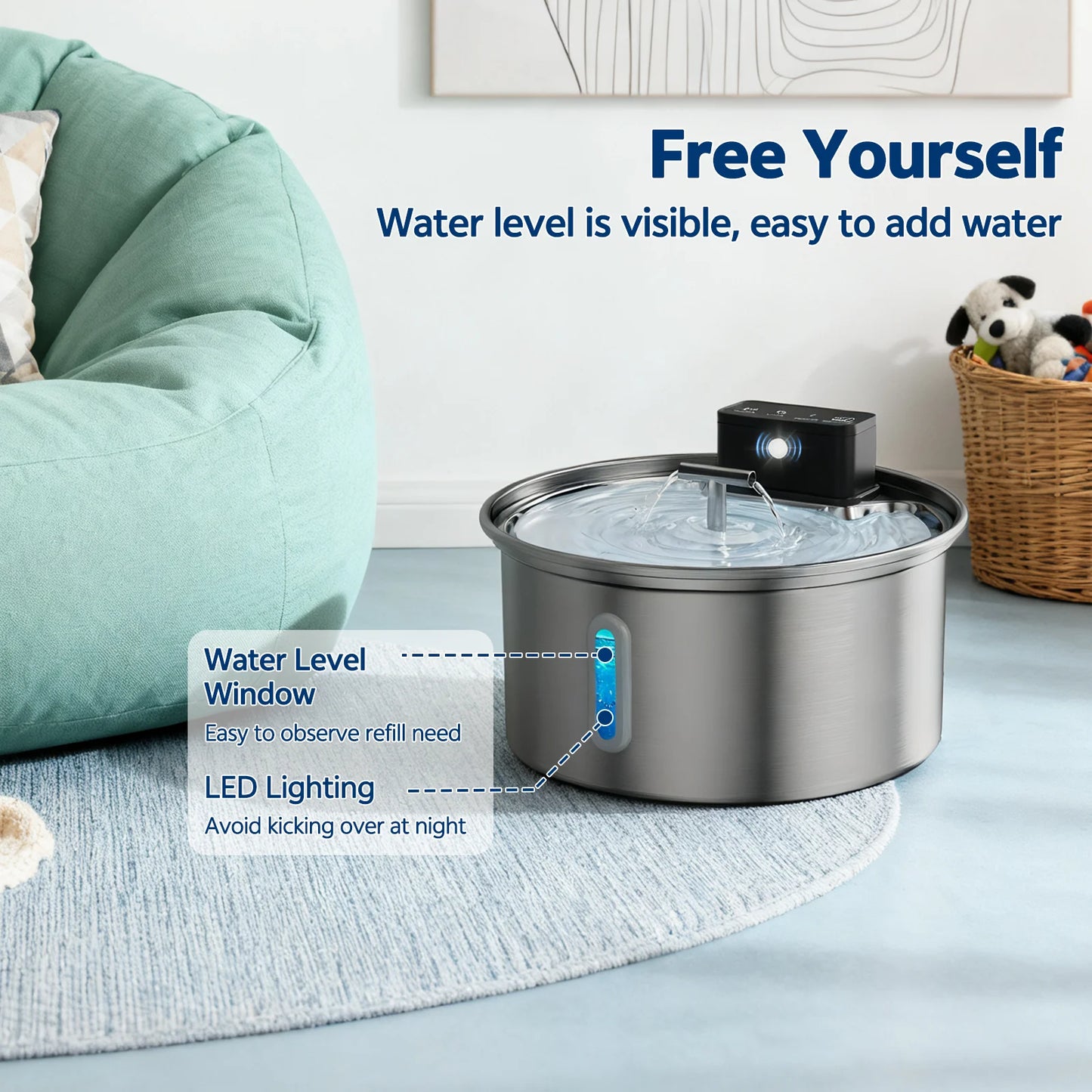 Stainless Steel Cat Water Fountain 3.2L Wireless