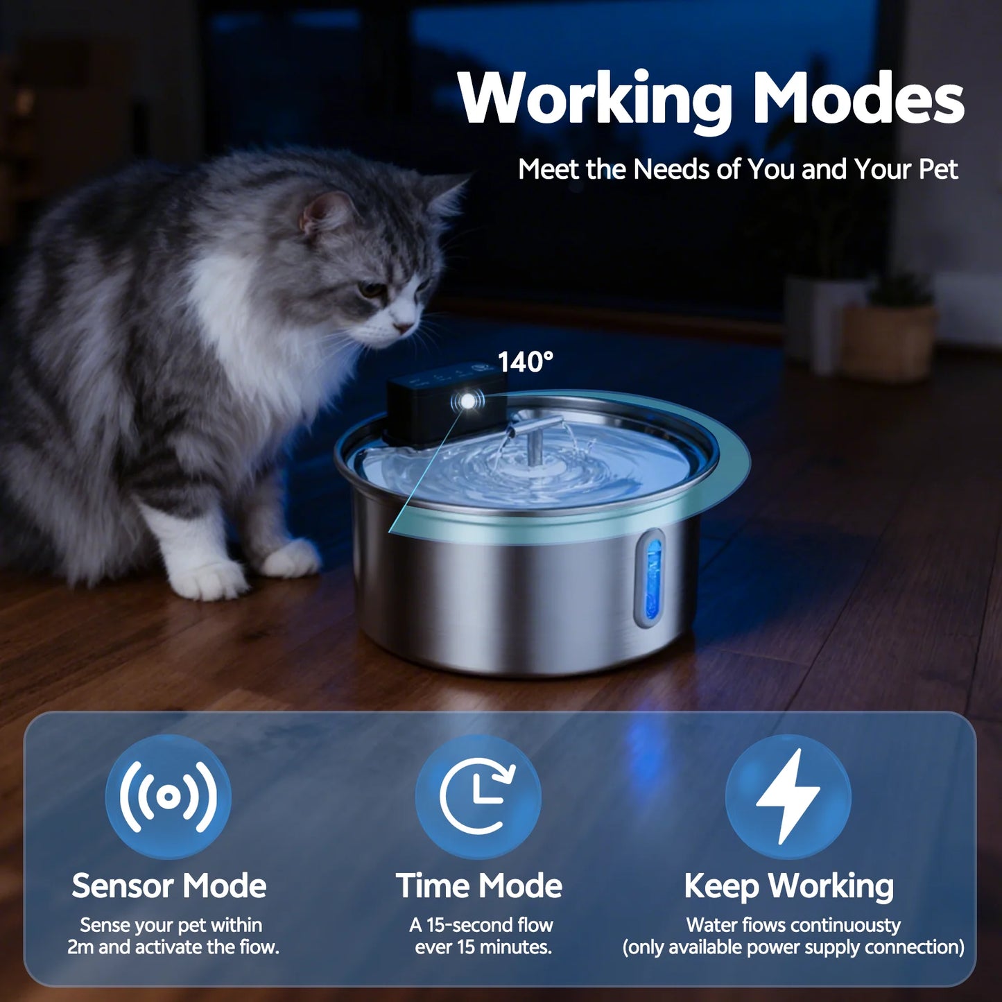 Stainless Steel Cat Water Fountain 3.2L Wireless
