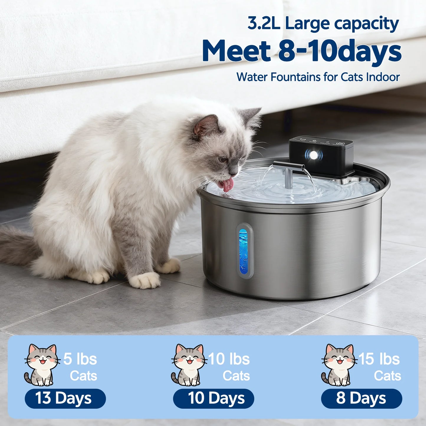 Stainless Steel Cat Water Fountain 3.2L Wireless