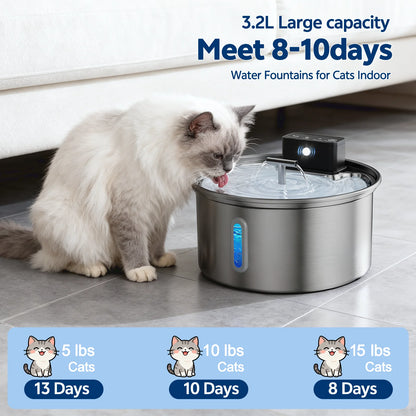 Stainless Steel Cat Water Fountain 3.2L Wireless